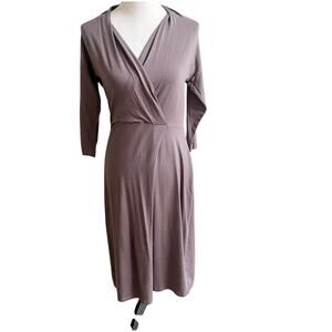 LK Bennett Faux Wrap Dress Taupe Sz 8 3/4 Sleeve Knee Length V- Neck Minimalist